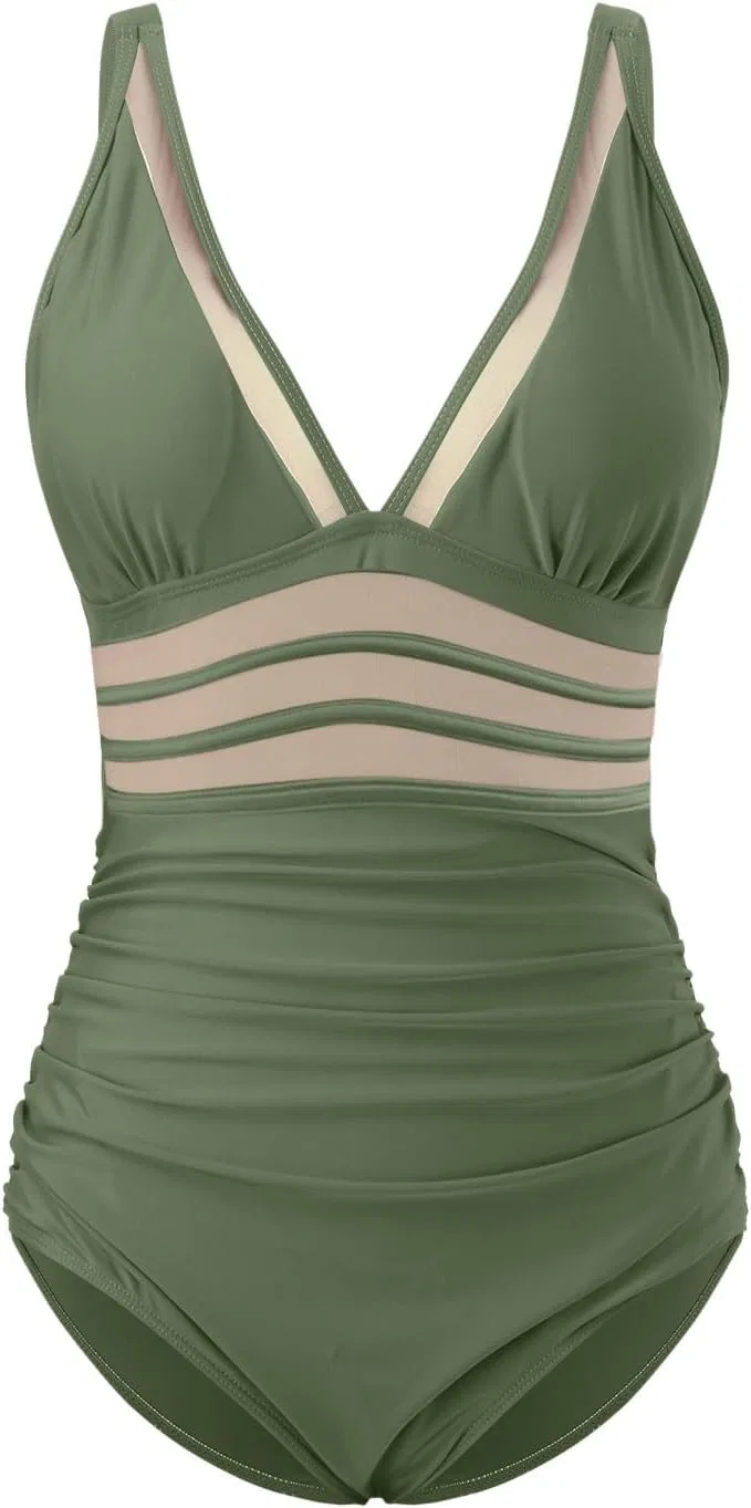 Женский цельный купальник с завышенной талией Push-up, Green — фото 4