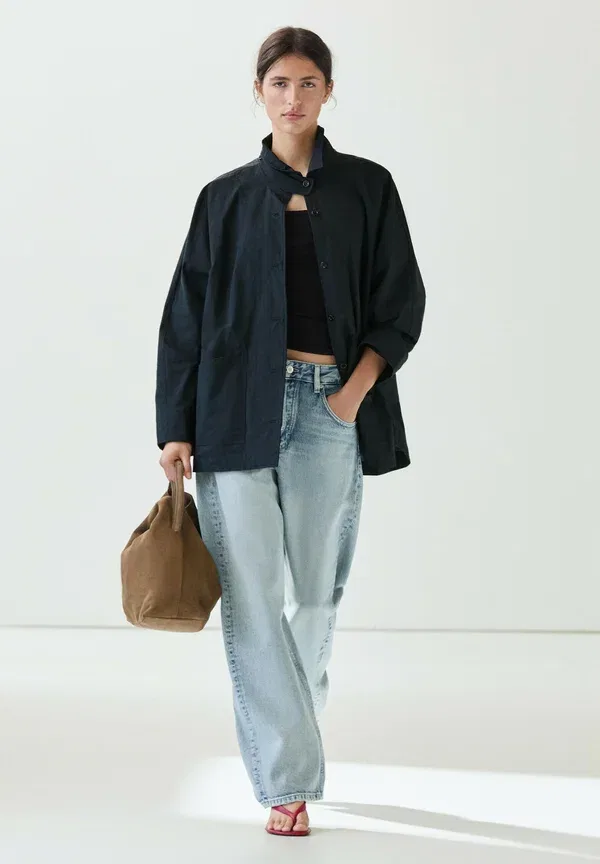 Куртка из полиамида и хлопка Jacket with buttoned collar strap - short coat Massimo Dutti, dark blue, темно-синий