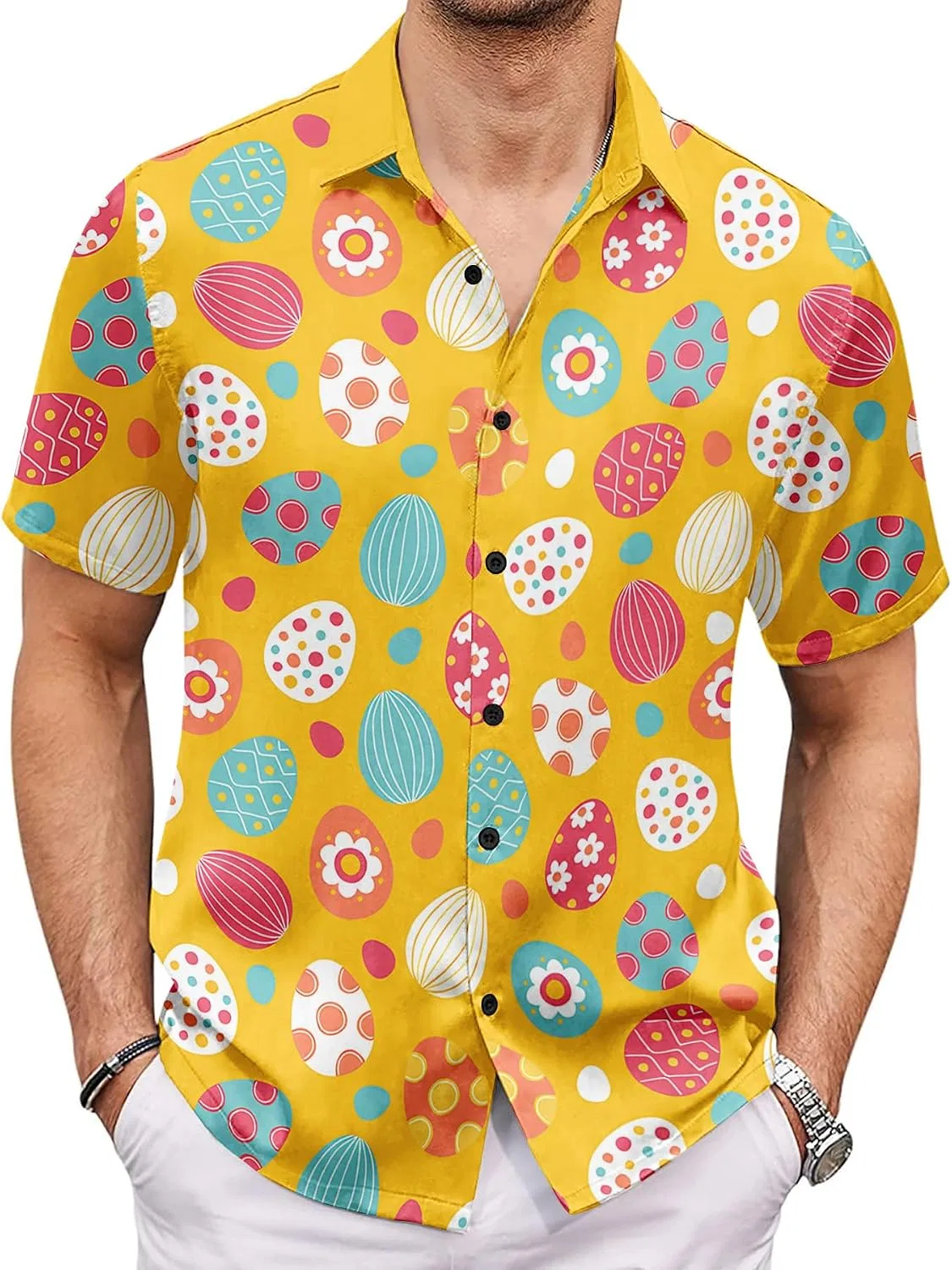 Мужская рубашка с коротким рукавом, с принтом, Easter Button Down Shirts, ярко-жёлтый