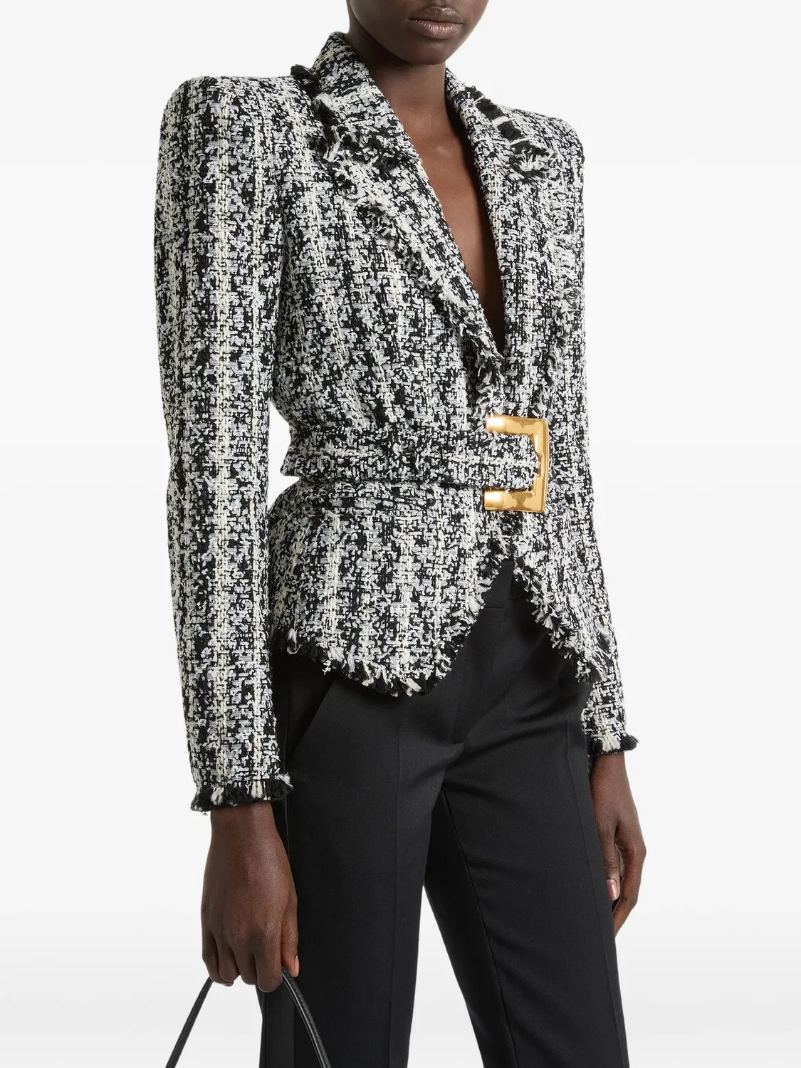 Жакет из твида с поясом, двухцветный Balmain, черный — фото 3