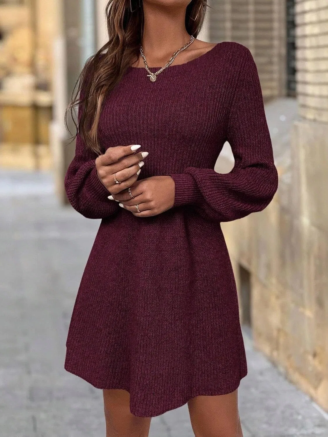 Женское короткое вязаное платье с круглым вырезом, Red Violet — фото 4