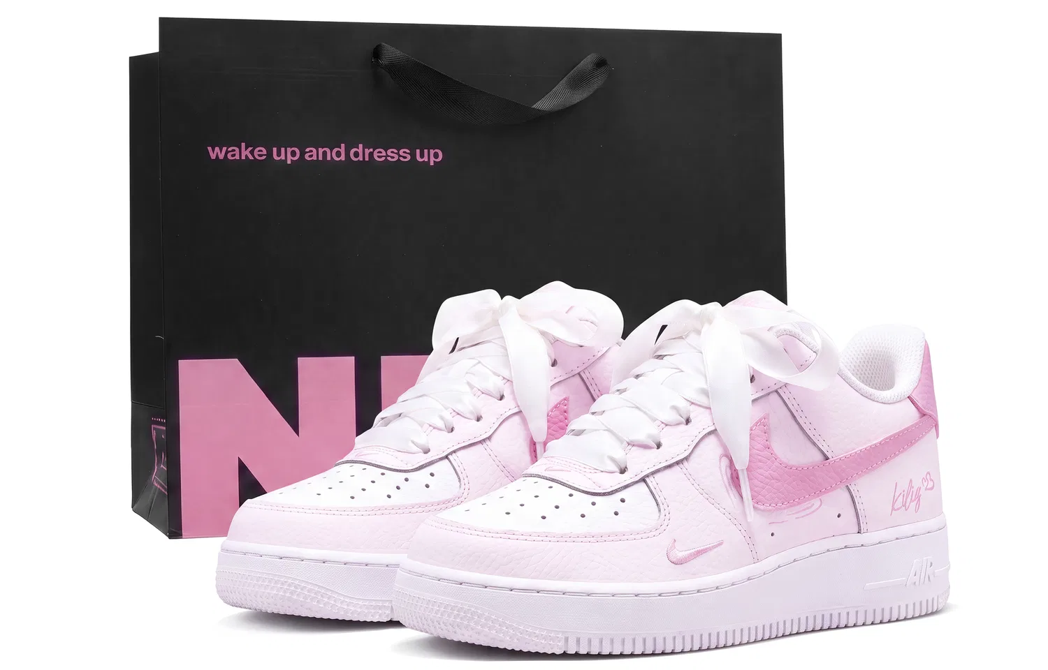 Детские скейтбординг-кроссовки с принтом Nike Air Force 1, Nike, Pink White-Black Pink Shopping Bag