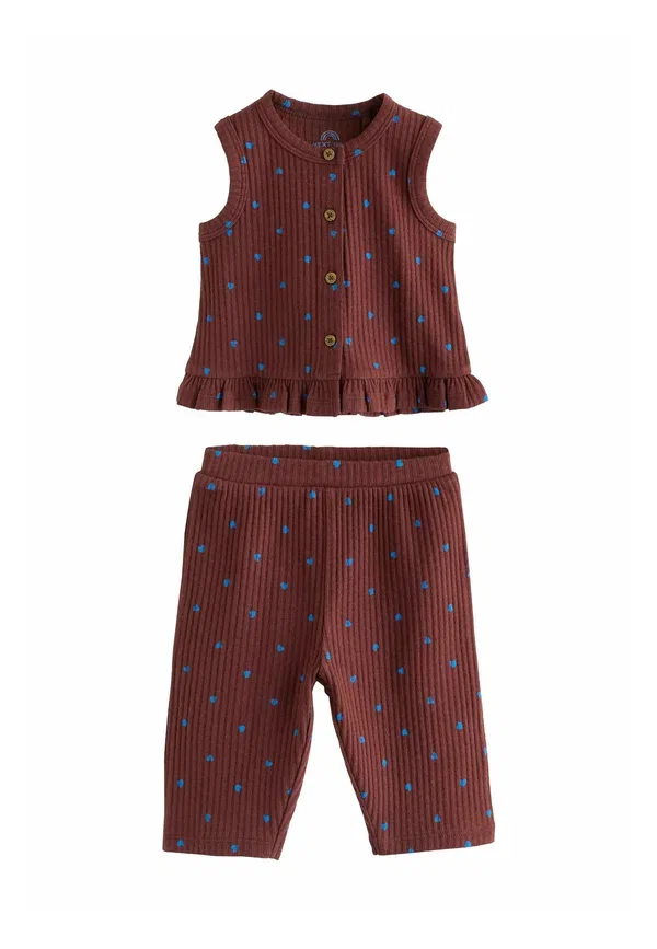 Пижамный комплект из топа и брюк с принтом Regular fit - rib baby top and wide leg trousers set 2 piece - pyjama top Next, chocolate brown and blue spot, синий/коричневый/шоколадный