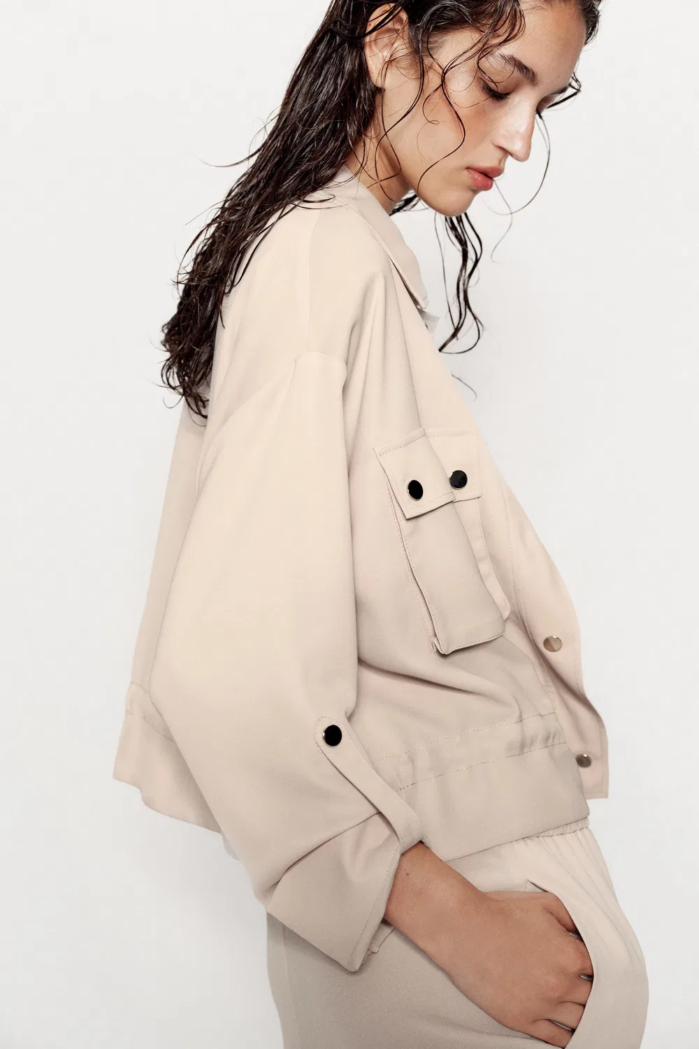 Куртка-сафари с закатанными рукавами ZARA, Beige — фото 4