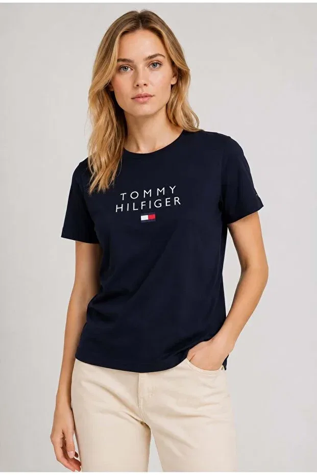 Женская хлопковая футболка с принтом с коротким рукавом Tommy Hilfiger, Navy Blue