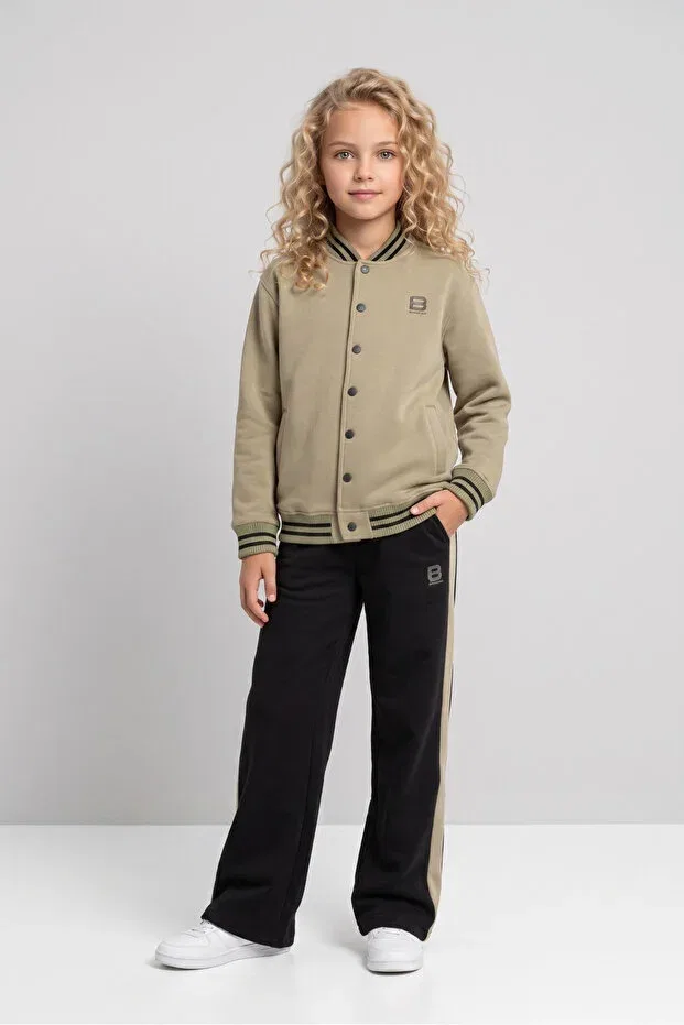 Детский спортивный комплект для девочек с широкими штанинами College Collar Wide Leg Tracksuit Set Black One, Green