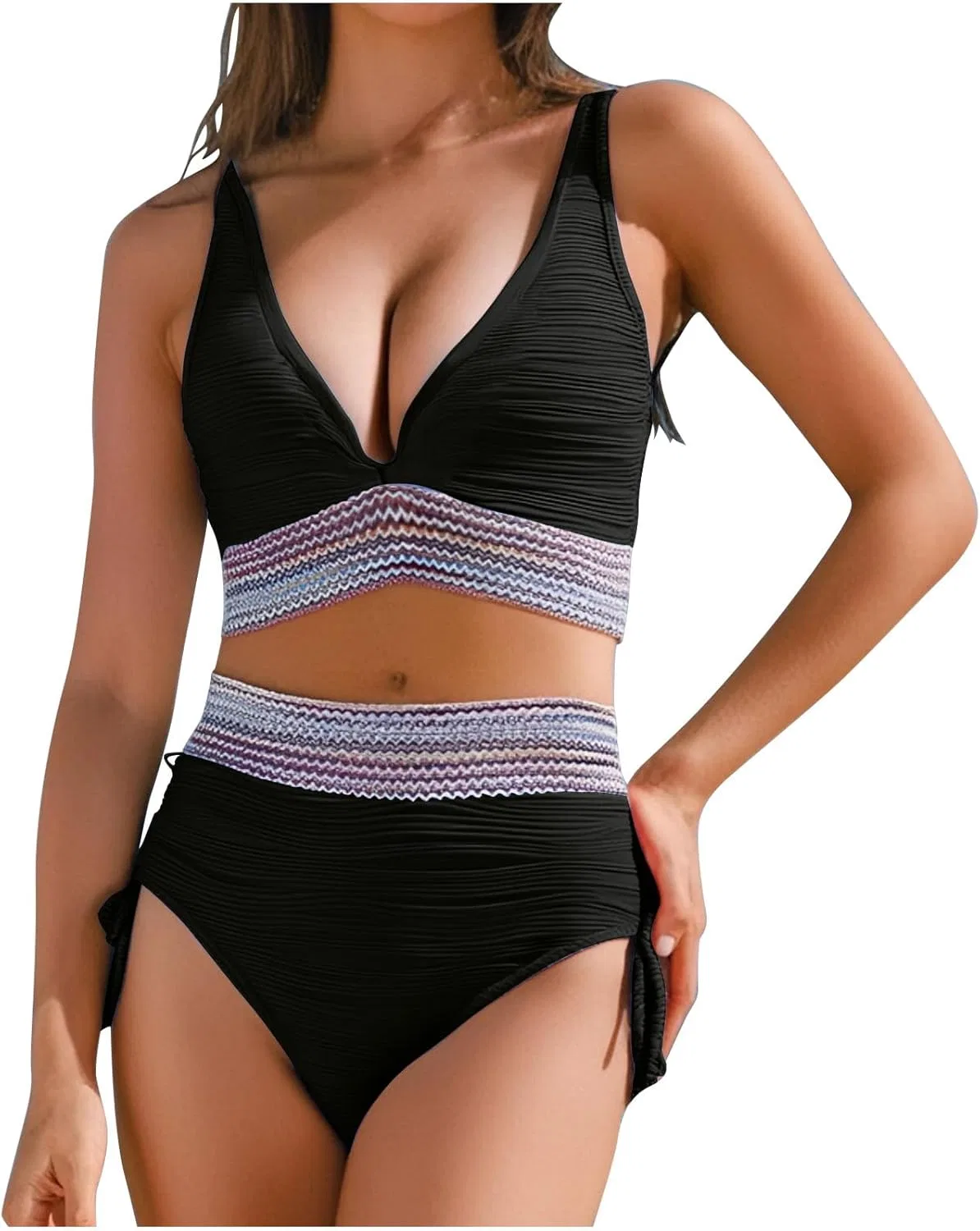 Женский купальник слитный с высокой талией и утяжкой Color Block, Black