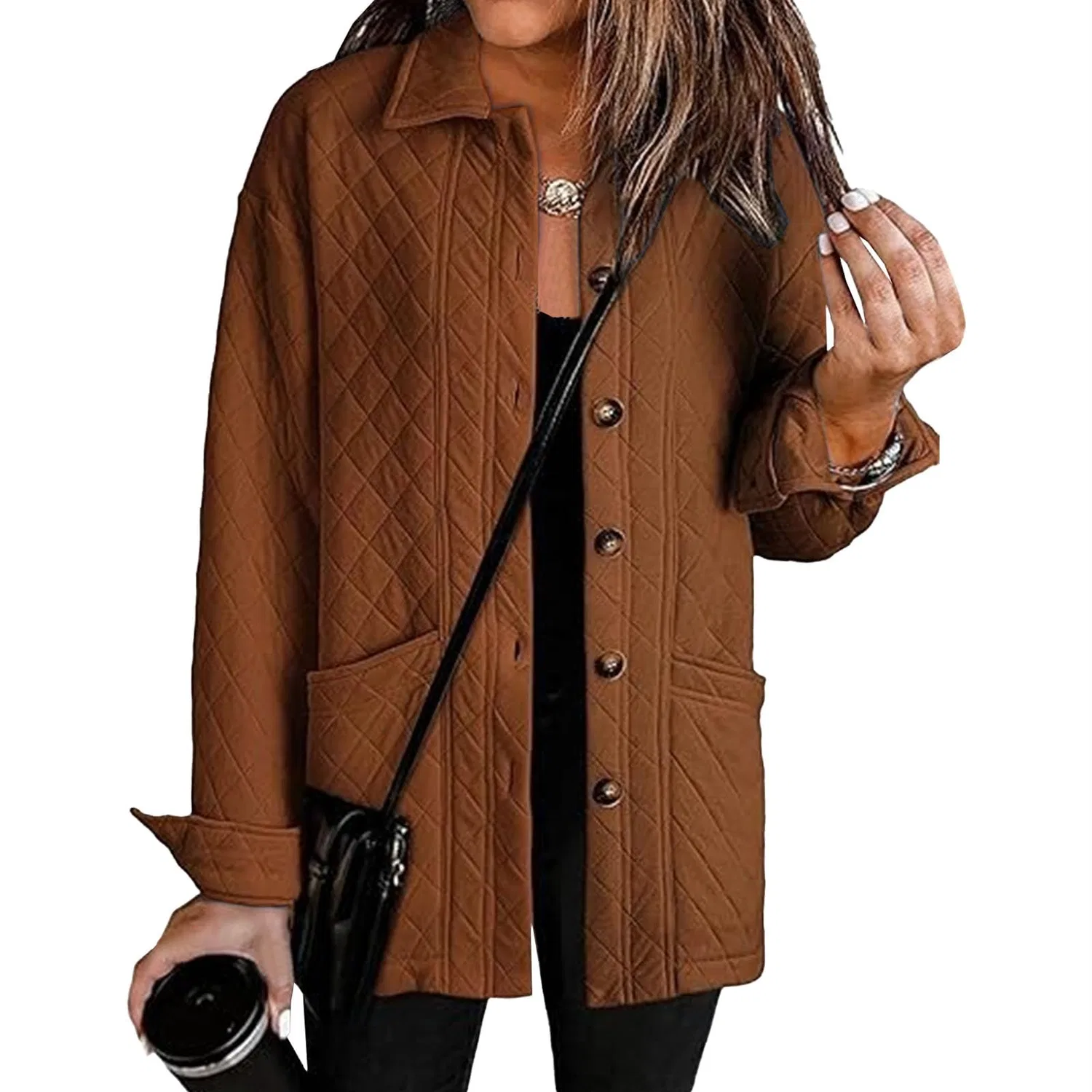 Женское стеганое пальто с длинным рукавом, brown