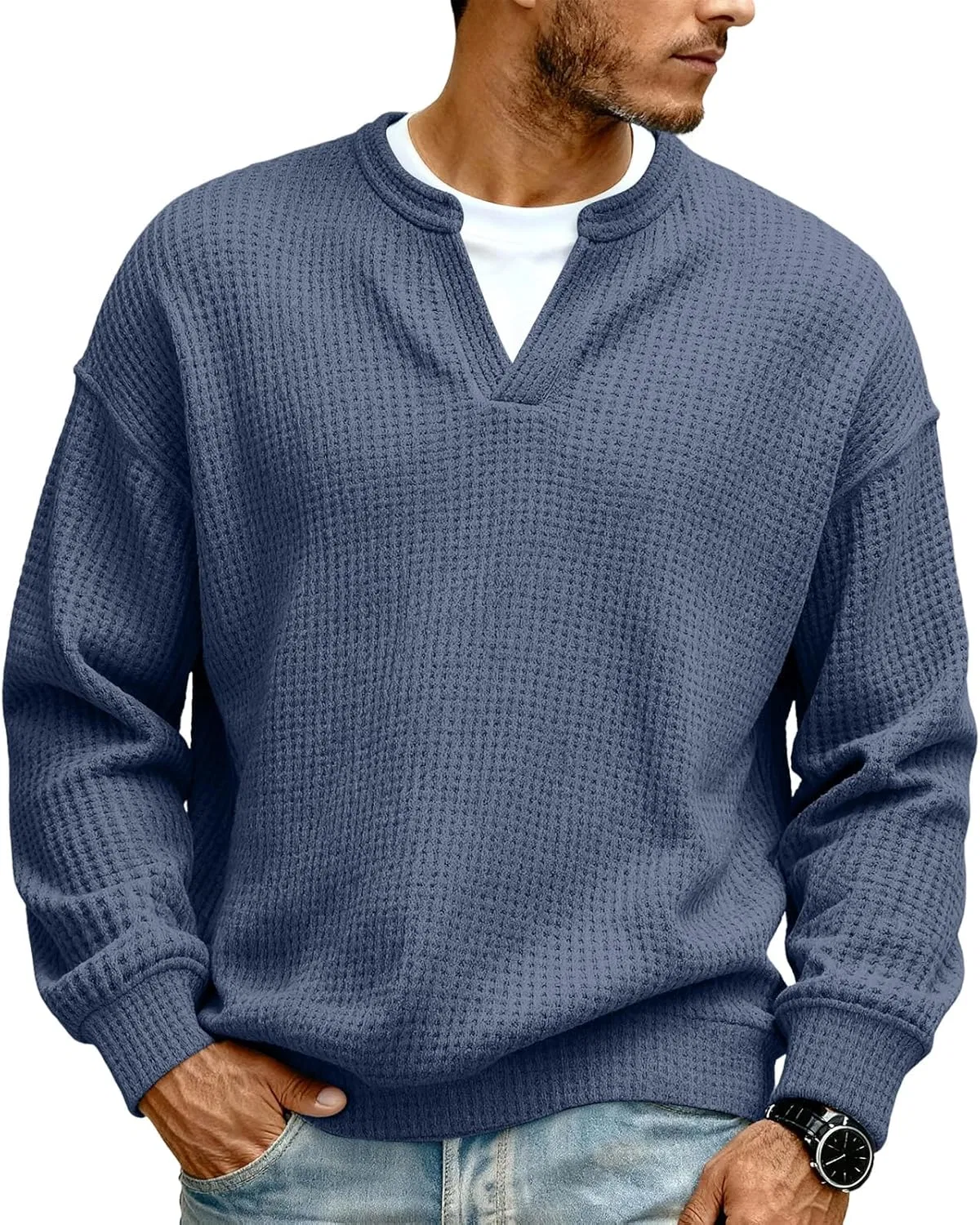 Женская длинная футболка с воротником-хенли Waffle Knit, Navy