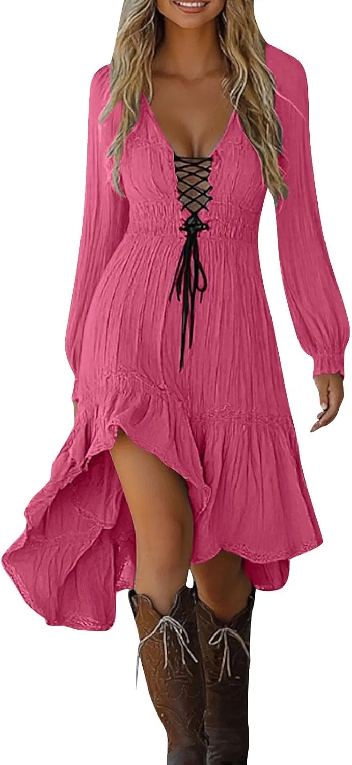 Женское ковбойское платье с кружевной шнуровкой, Hot Pink