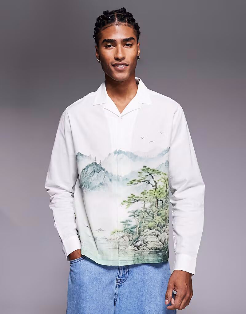 

Свободная рубашка Revere с живописным принтом в бежево-белом цвете Asos Design