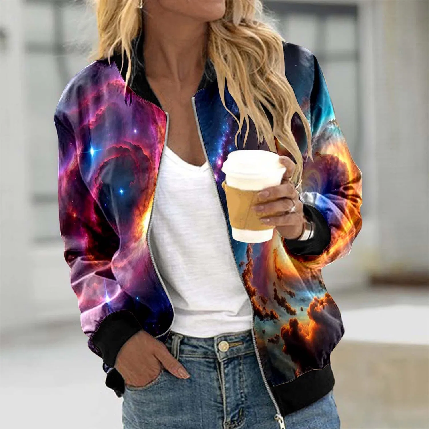 Женская куртка с принтом галактика Elegante capospalla casual con stampa galassia all-over, Dark Viola — фото 2