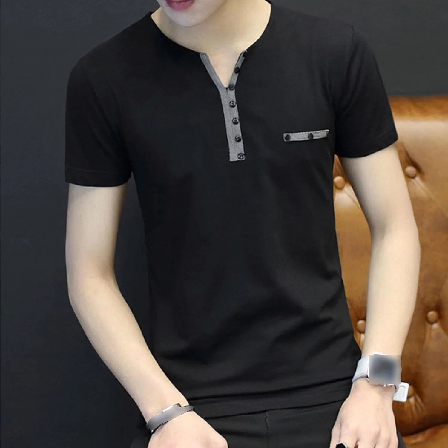 Мужская футболка с V-образным вырезом Henley, Black — фото 2