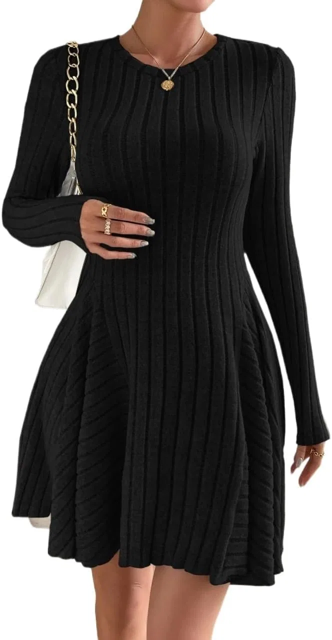 Женское короткое A-силуэта платье с длинным рукавом Rib Knit, Black — фото 4