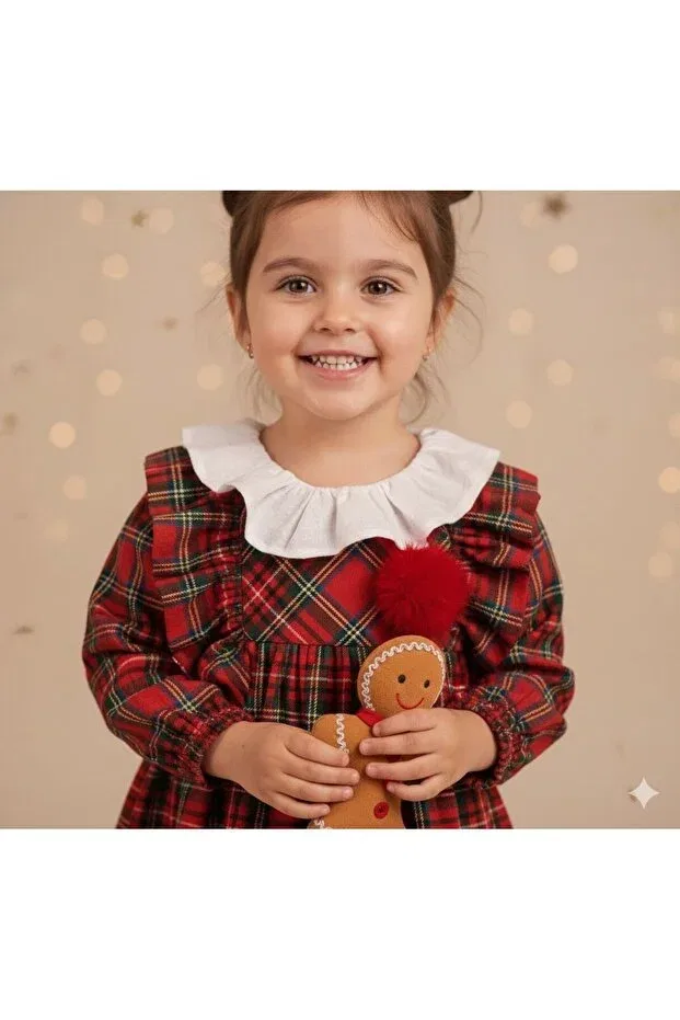 Детское платье для девочек с плиссе New year's ruffled plaid stylish pompom single dress Baby Rose, Red — фото 2