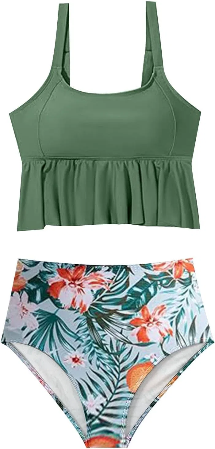 Женский танкини-купальник с утягивающим топом High Waisted 2 Piece, Green — фото 3