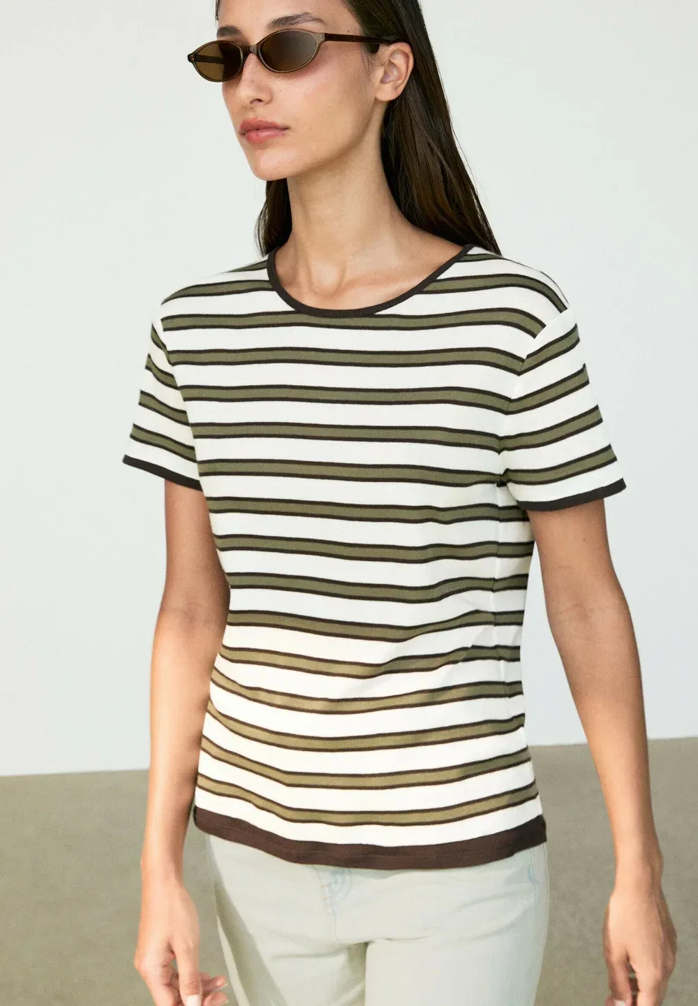Футболка в полоску с коротким рукавом, 100% хлопок - футболка с принтом Massimo Dutti, Khaki — фото 3