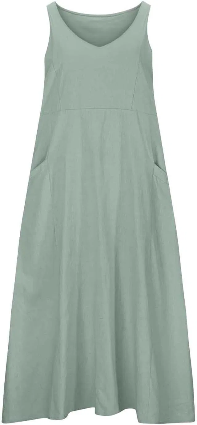 Женское летнее льняное платье свободного кроя с карманами, Mint Green — фото 3
