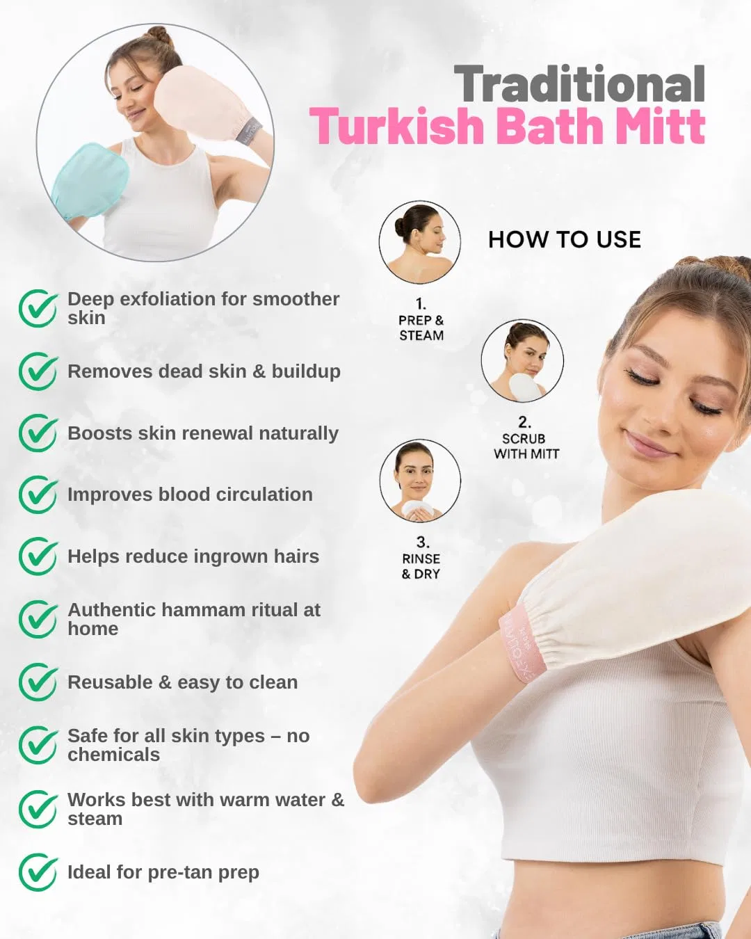 Эксфолиирующая перчатка для турецкой бани Kese, 100% шелк, 20 г, Белый Exfoliatin Glove — фото 2