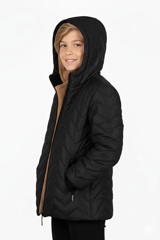 Детское пальто для девочек с капюшоном Black Zigzag Water And Windproof Boys Coat With Wersoft Inside And Hood Generic Brands, Black — фото 2