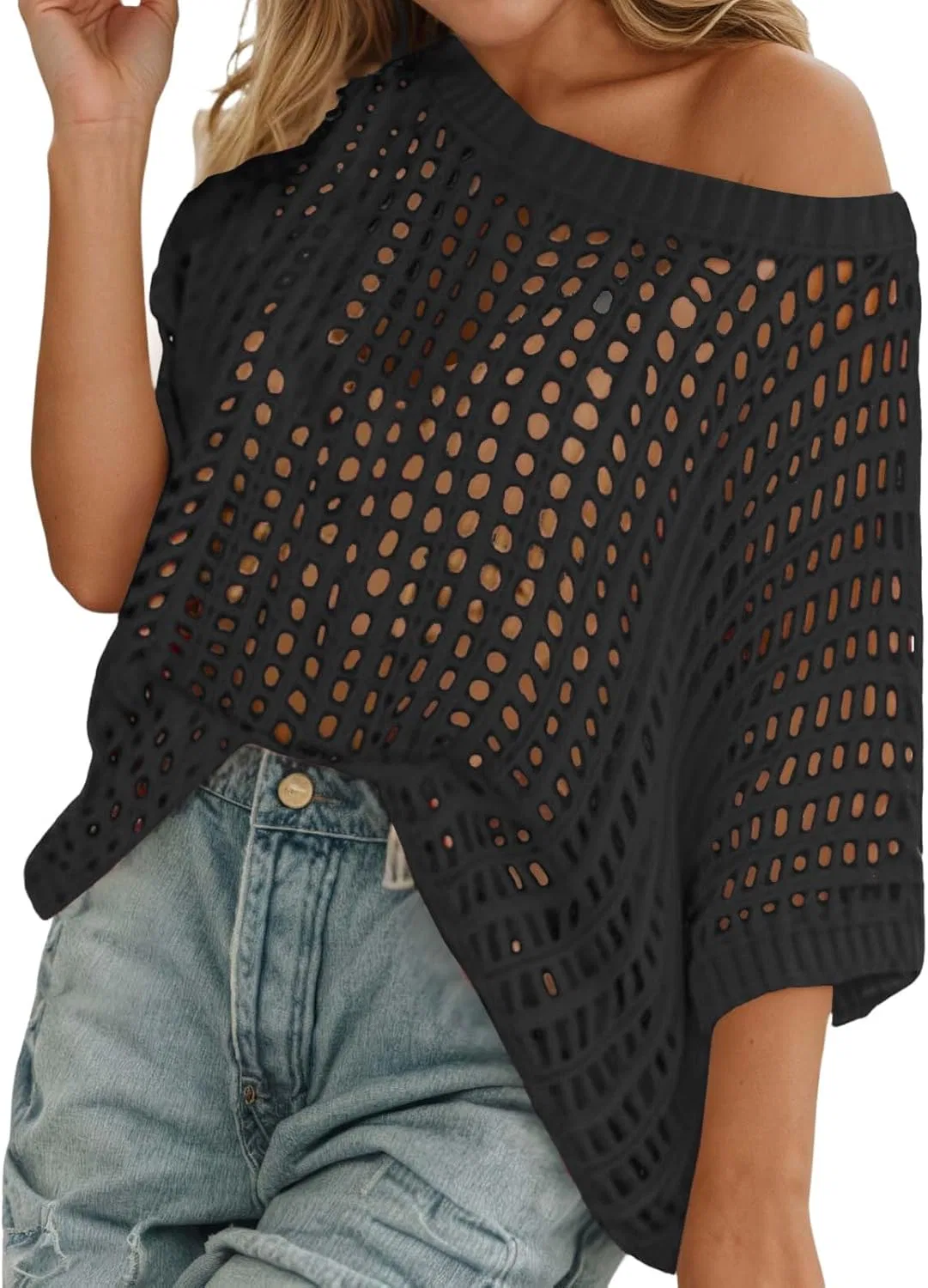 Женская пляжная накидка с вязаным кружевом, свободного кроя, Off Shoulder, Black