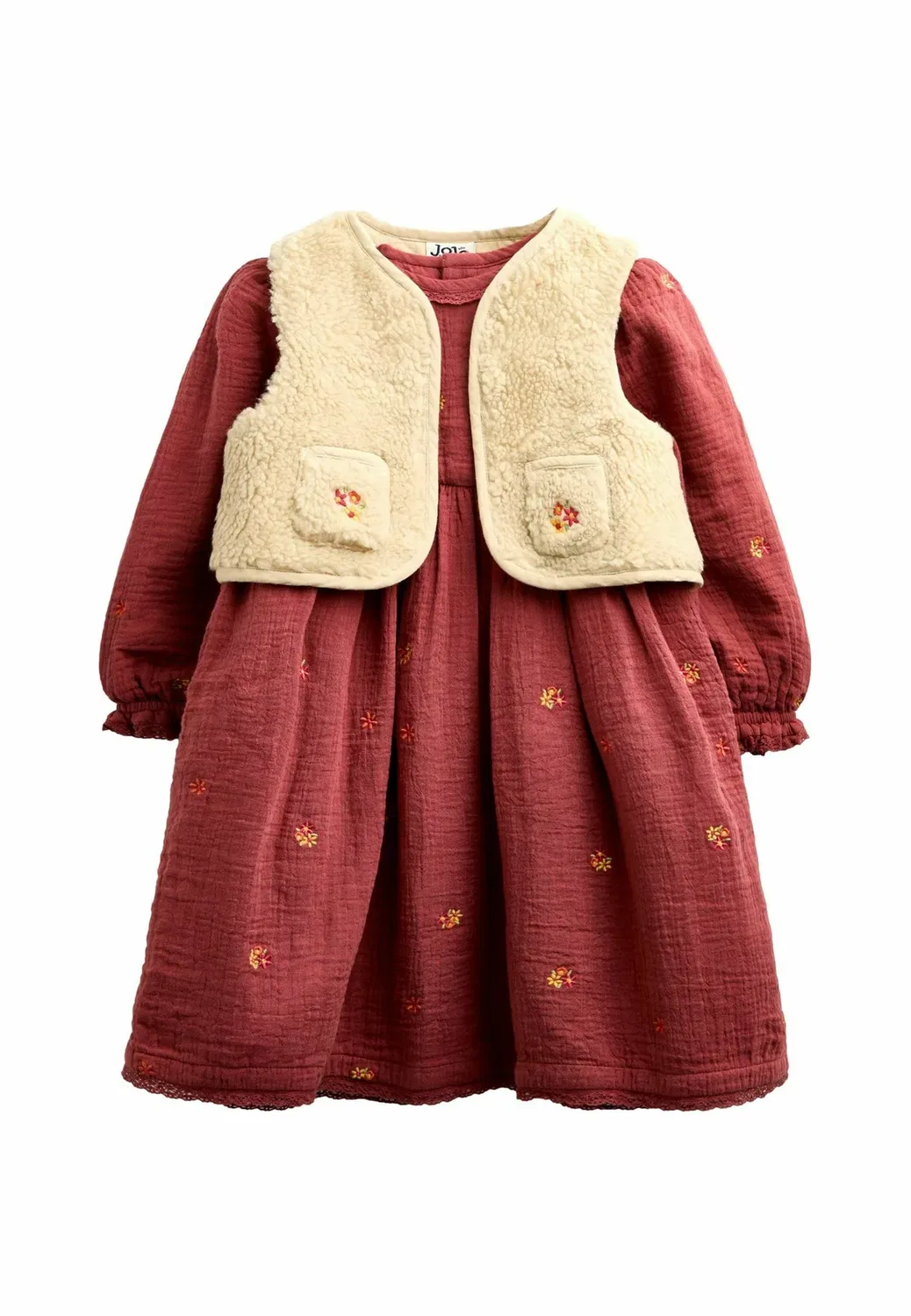 Комплект из вышитого платья и жилета из марли Jojo Maman Bébé, Light Brown Floral