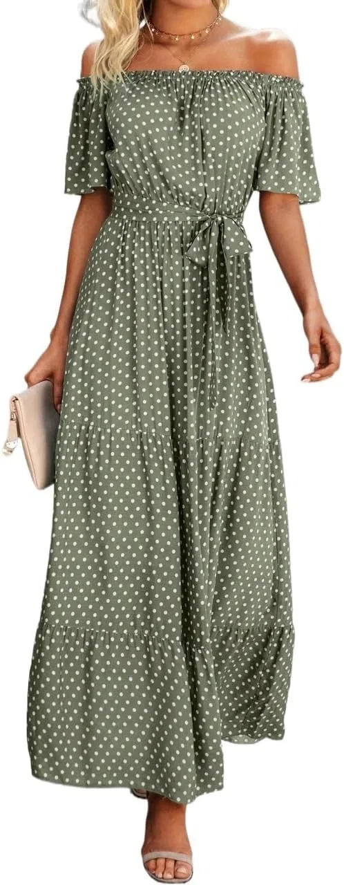 Женское макси-платье с горошком A-line Off-Shoulder, Green