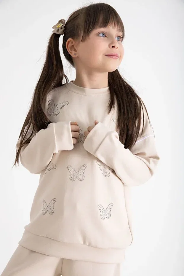 Детский комплект для девочек с принтом Beige Sequined Butterfly Embroidered Wide Leg Girls' Tracksuit Set Cansın Mini, Beige — фото 3