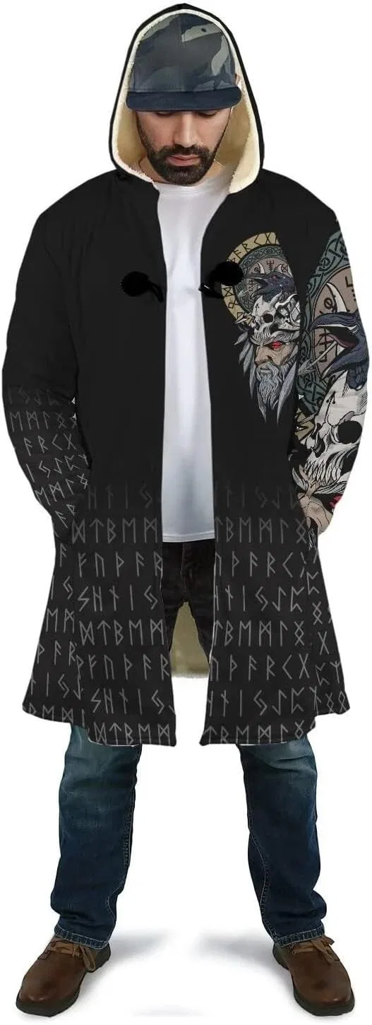 Мужское пальто с капюшоном с 3D-принтом Viking Mythology, Mid-Length Outerwear Casual Jacket, Odin Helm of Awe — фото 4