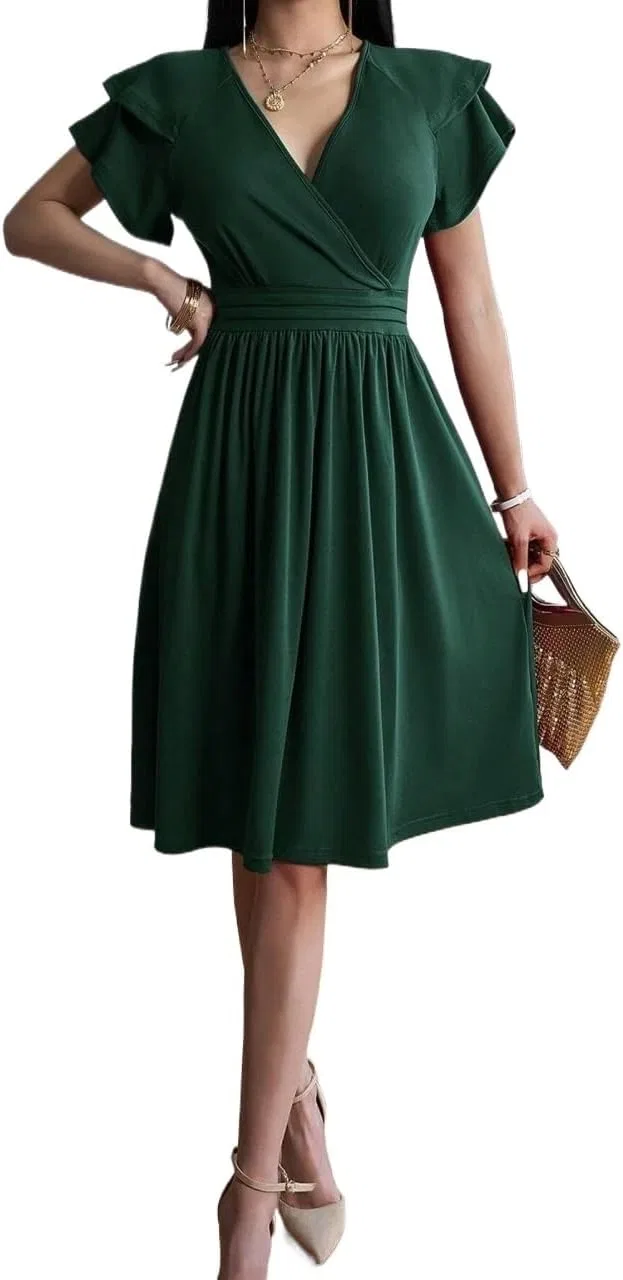 Женское элегантное платье с воланами и V-образным вырезом, Dark Green