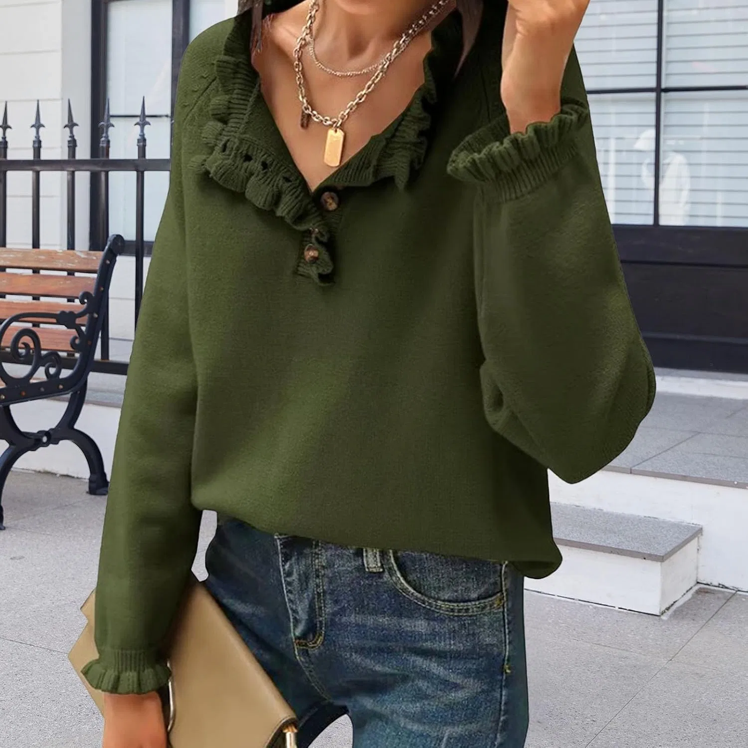 Женский свитшот с рюшами, модель Ruffle Sweaters, армейский зелёный — фото 3