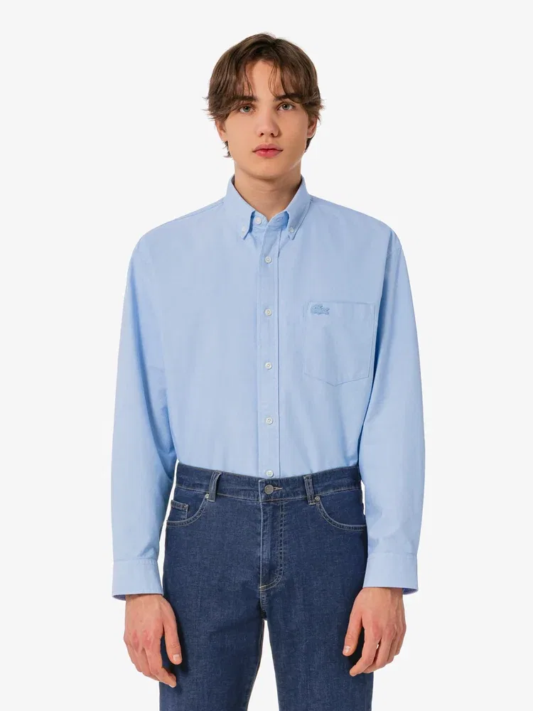 Рубашка длиннорукавная хлопковая Oxford Relaxed Fit LACOSTE, Light Blue — фото 4