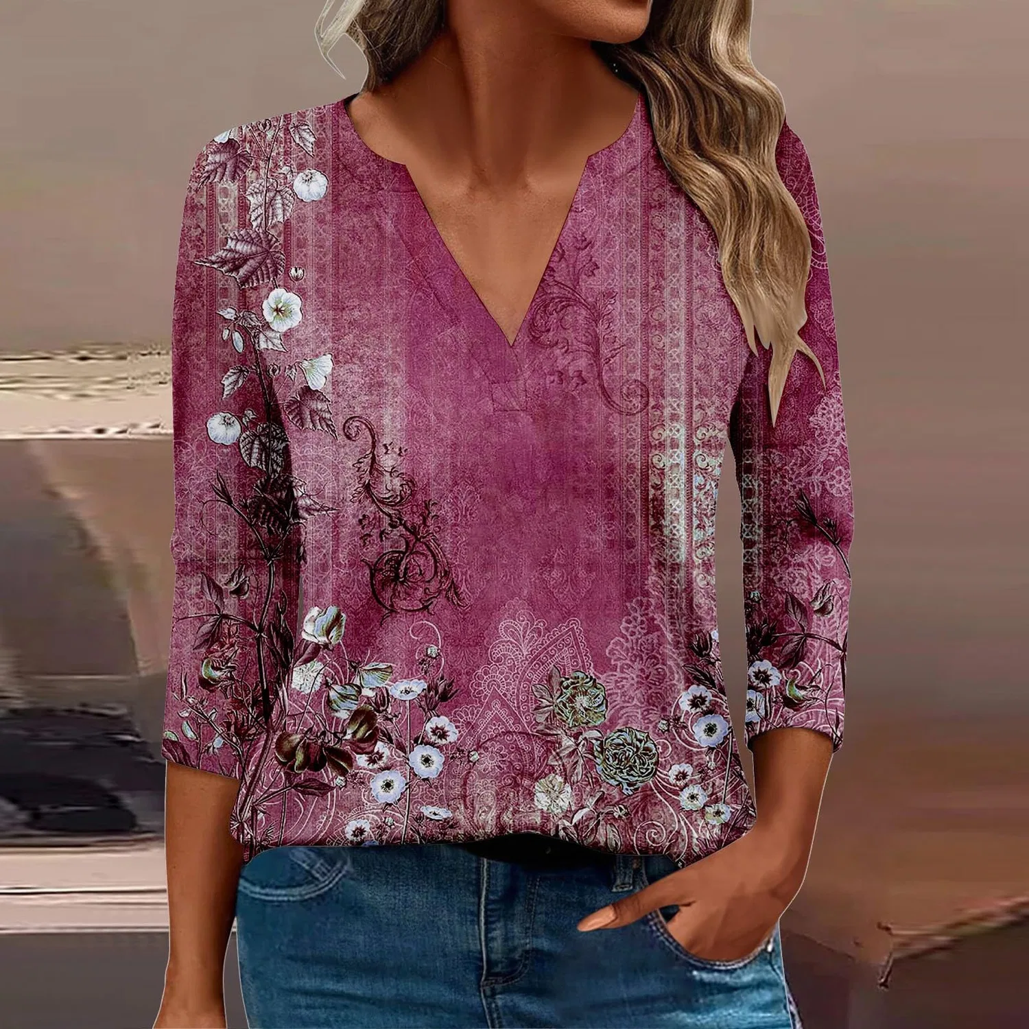 Женская блуза с принтом Women Blouses 3/4 Sleeve V Neck Casual Elegant Summer Boho Floral Print Blouses, 41#vino — фото 2