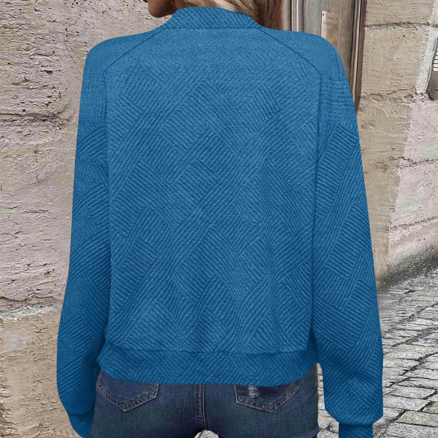Женская куртка-бомбер с длинным рукавом, модель Bomber Giacca Donna Casual Leggero Manica Lunga Giacche da Volo Collare a Fascia Primavera Autunno Texture Full Zip Giacca a Vento Jacquard Regolare Elegante Cardigan Alla Moda Capispalla, 02 blu — фото 3