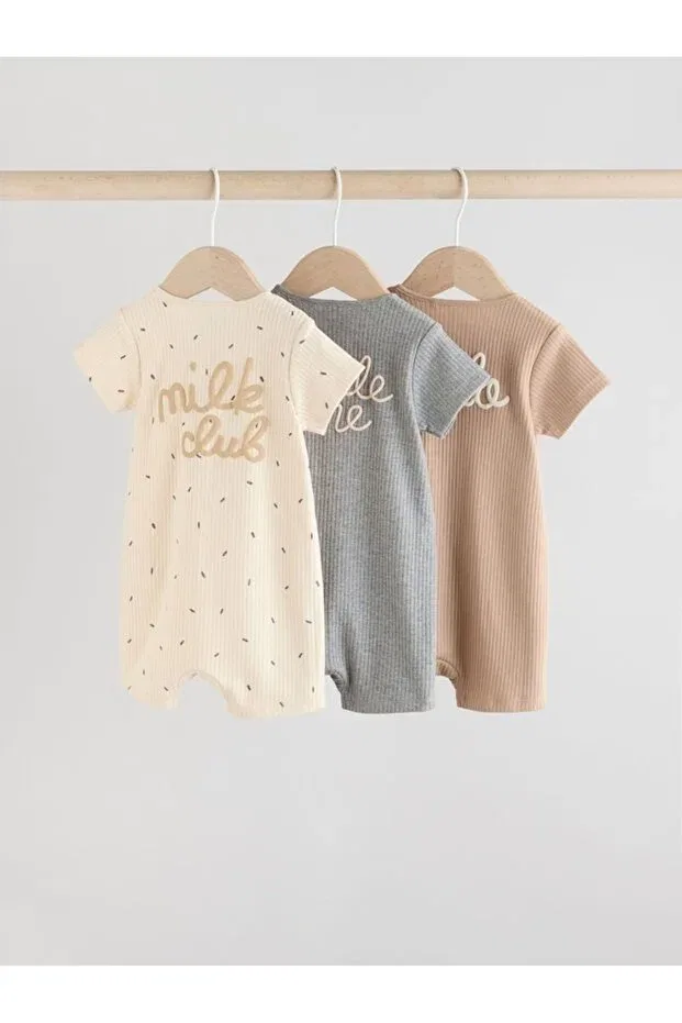 Детский комплект боди-комбинезонов с коротким рукавом 100% cotton cream brown 3-piece romper set Next Baby, Multicolor — фото 2