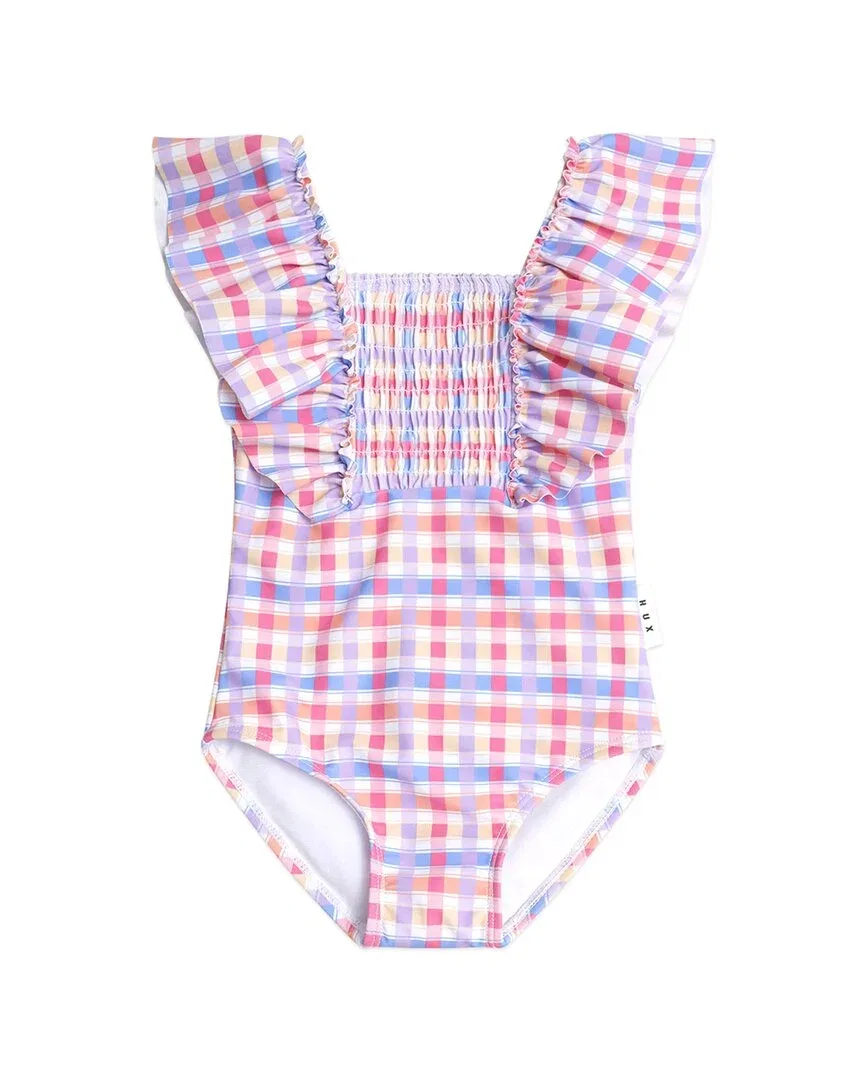 Детский купальник-слитный с оборками и защитой UPF 50+ Rainbow Check Huxbaby, мультиколор