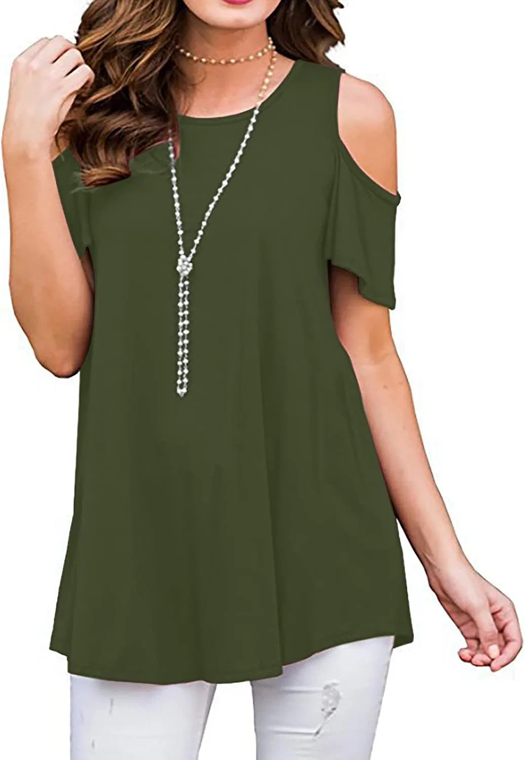 Женская футболка с открытыми плечами холодный оттенок, Army Green — фото 2