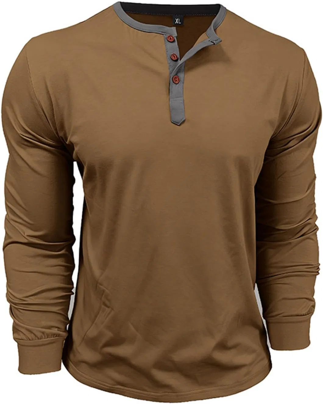 Мужская хлопковая рубашка-поло Henley с длинным рукавом, Khaki — фото 3