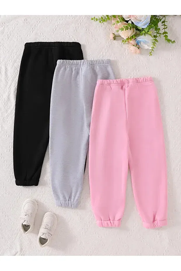 Детские спортивные штаны для девочек с принтом 3-Pack Blue Butterflies Printed Generic Brands, 1Gri-Black-Pink1 — фото 2
