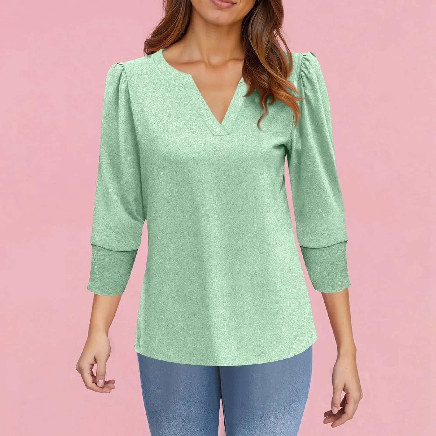 Женская свободная футболка с V-образным вырезом и рукавом 3/4 Generic, Mint Green — фото 2