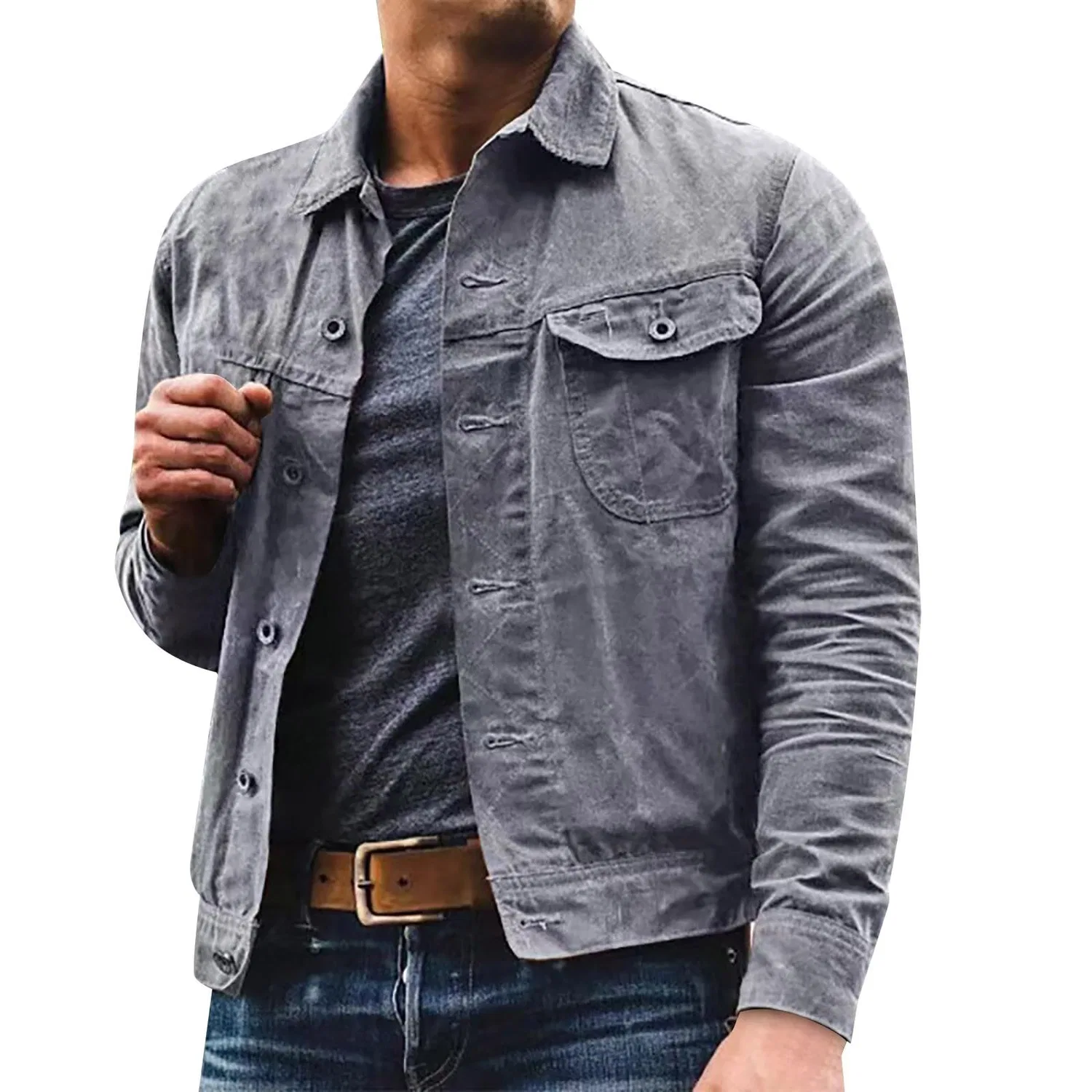 Мужская джинсовая куртка в стиле ретро с принтом, Retro Mod 60S 70S Military Jacket Overshirt Denim Vintage Style Trucker Coat Classic Western Stylish Cowboy Coats Lightweight Jeans, grey — фото 2