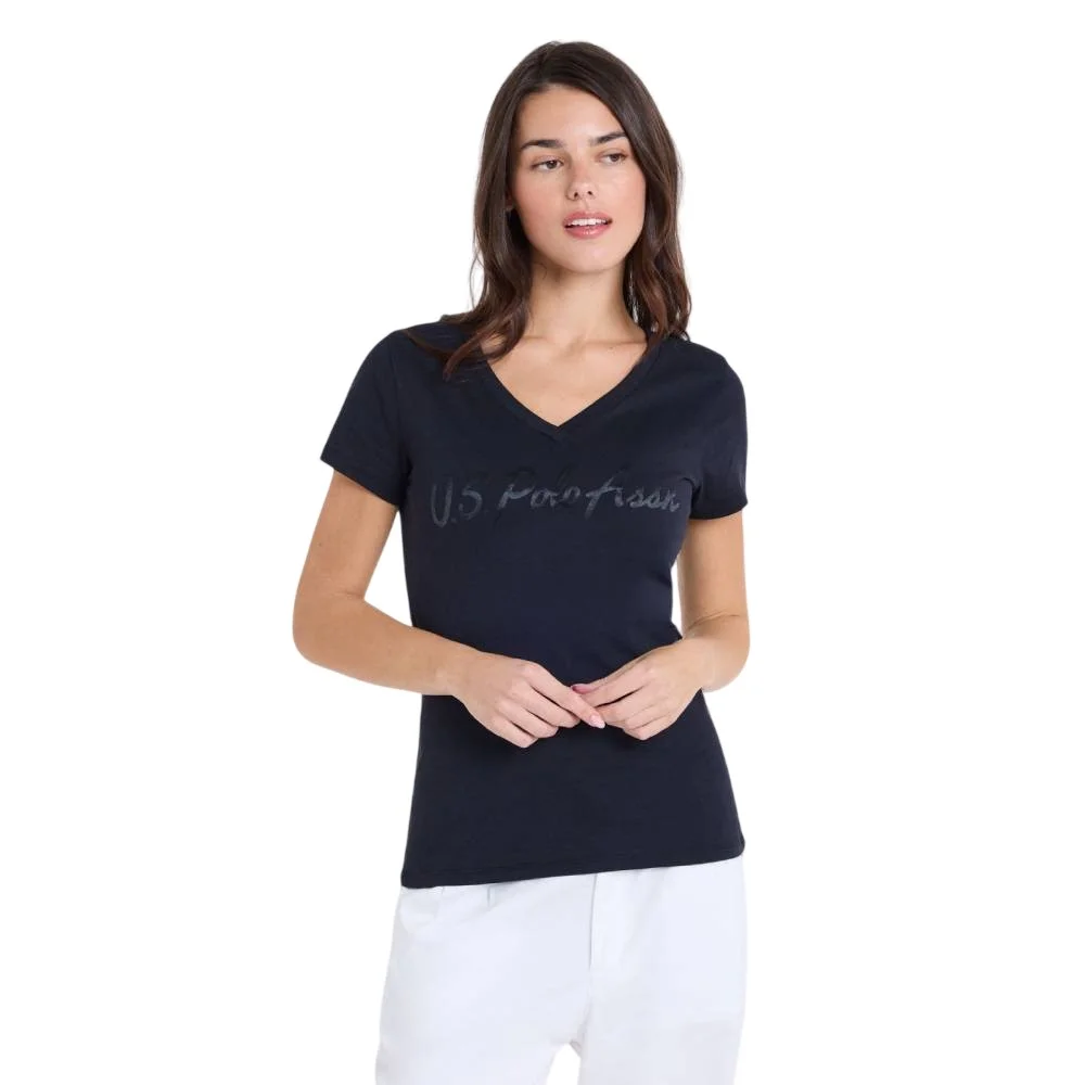 Женская футболка U.S. Polo Assn. Shiny Sateen Print V-Neck, черный