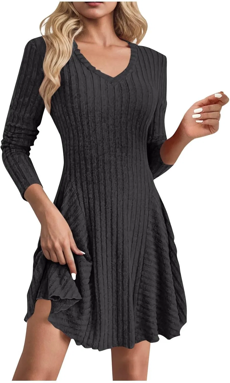 Женское трикотажное платье миди с V-образным вырезом, Dark Gray