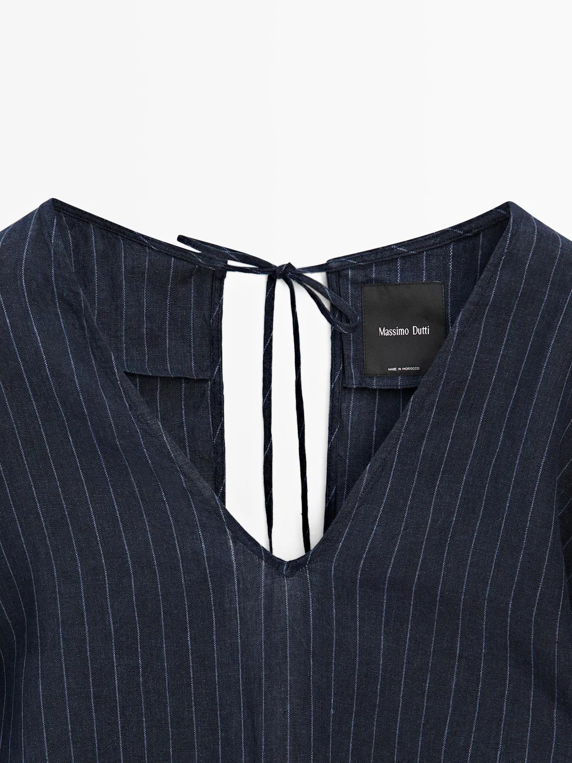 Полосатая льняная блузка с декоративной отделкой на спине Massimo Dutti, темно-синий — фото 4