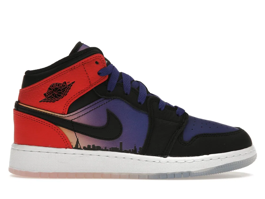 Детские кроссовки для мальчиков с градиентом Jordan 1 Mid SS Jordan, Concord/Black/University Red/Psychic Purple/Peach Cream/Total Orange