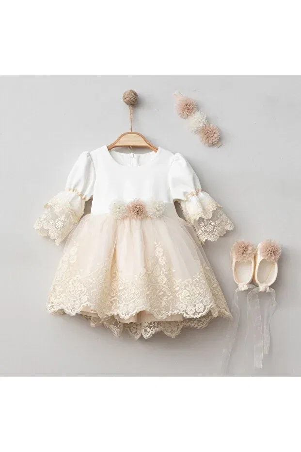 Детский комплект платьев для девочек с кружевом Pugi Baby, Beige