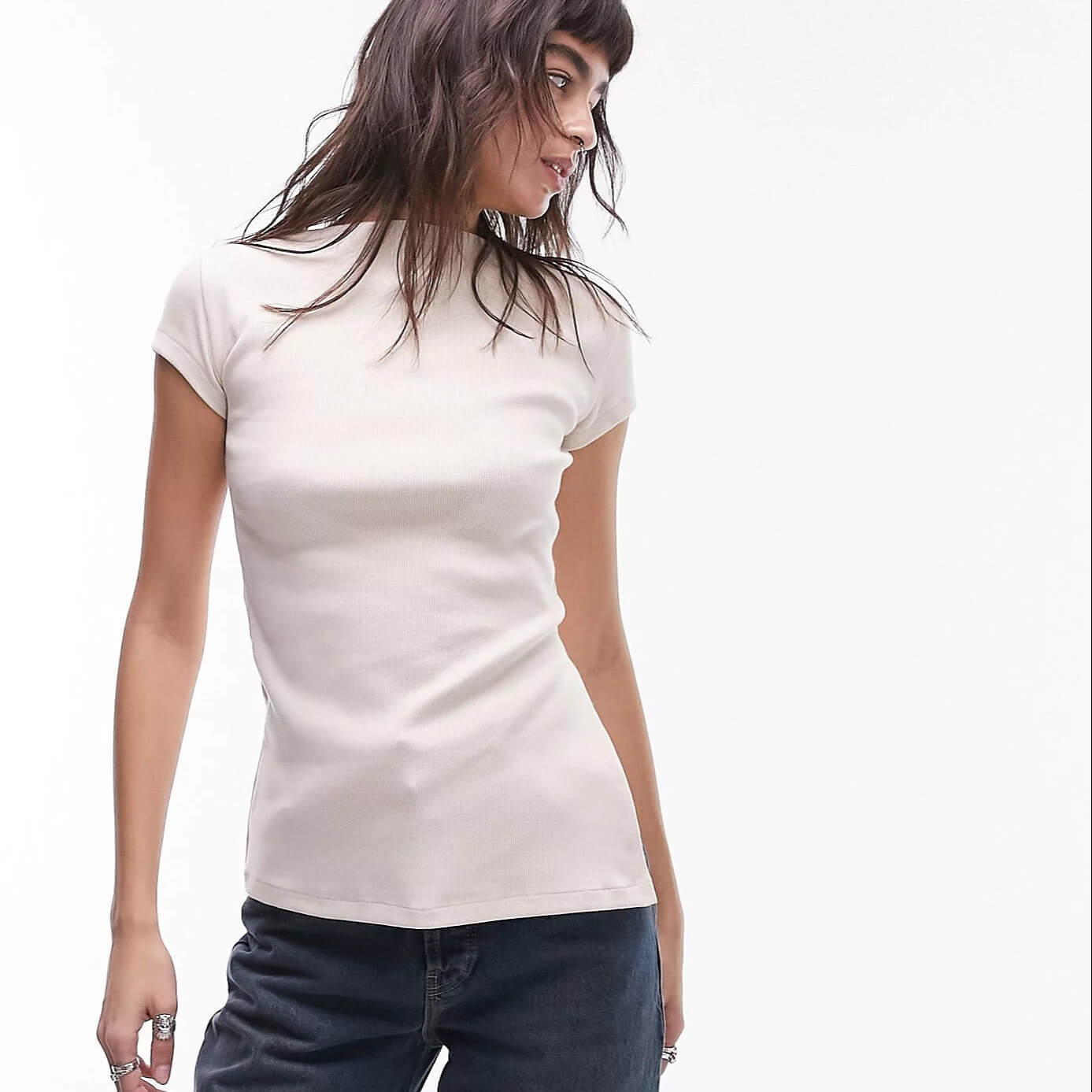 

Футболка Topshop Ribbed Closed Neckline Side Slit, светло-бежевый
