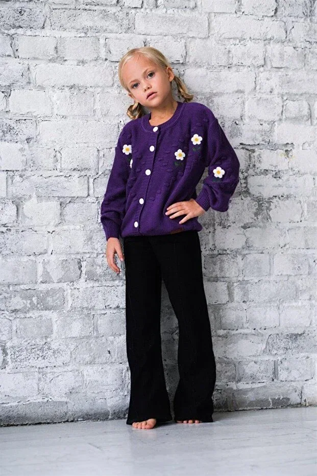 Детский кардиган с принтом Daisy Embroidered Knitwear Trousers Double Set Hilal Akıncı Kids, Purple