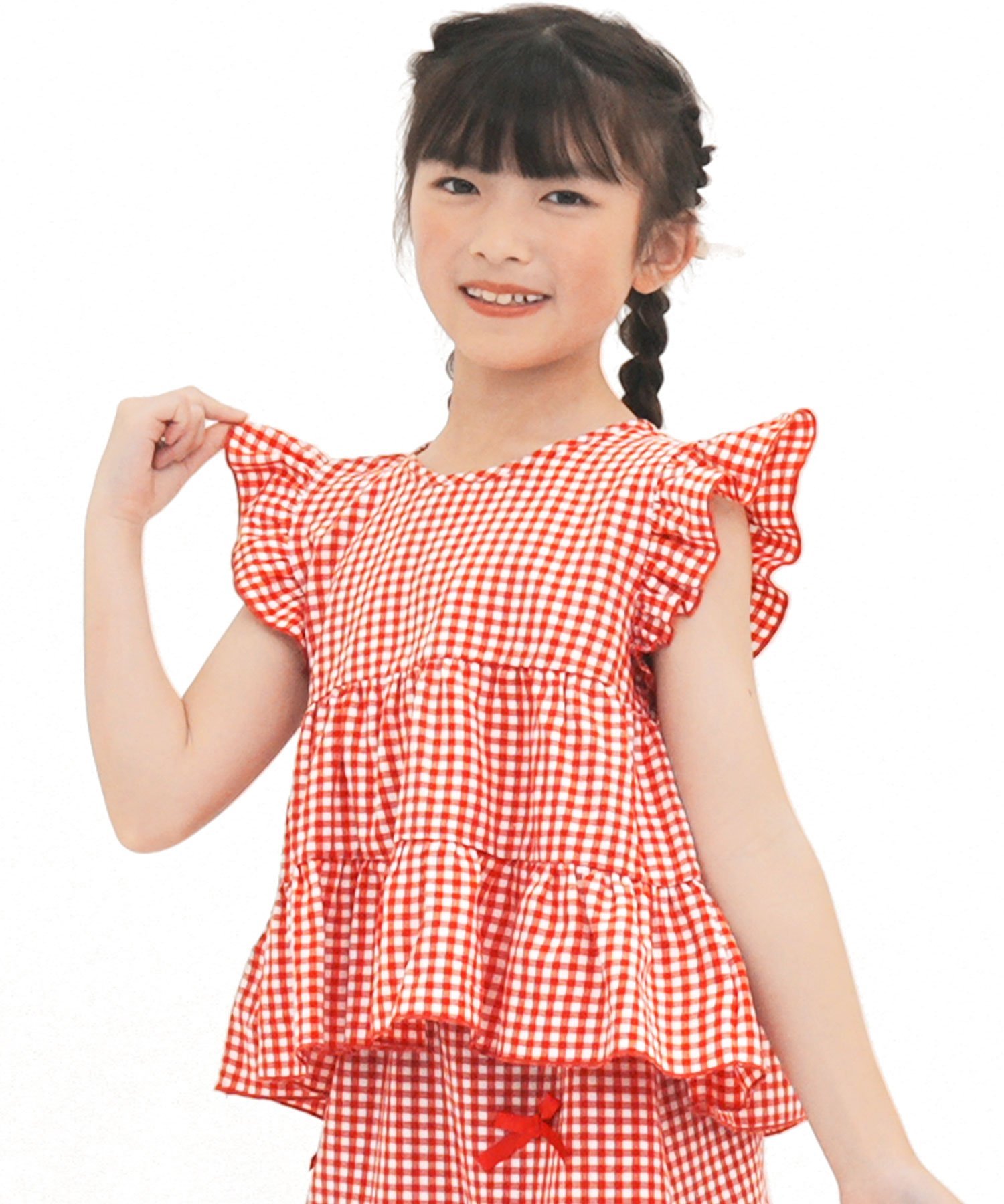 Многоярусный топ без рукавов с оборками для девочек, Пчела Bee, Red gingham check