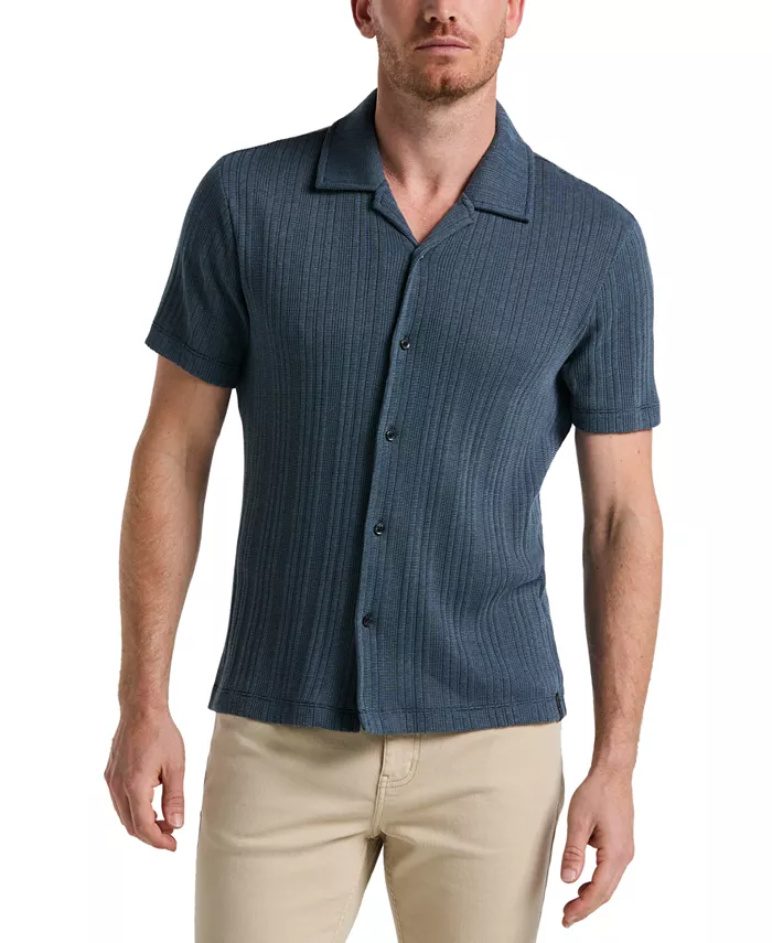 

Мужская полосатая рубашка с коротким рукавом и застежкой на пуговицы Camp Shirt Perry Ellis, синий